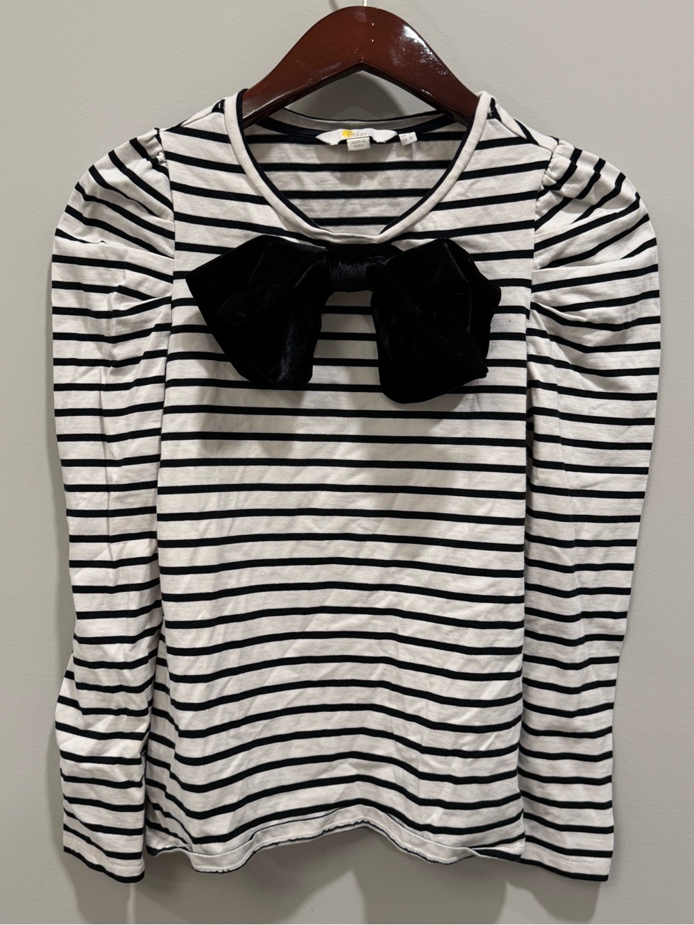 Boden Women’s Imogen Breton Black & White Striped Velvet Bow Top Size US 4 / UK